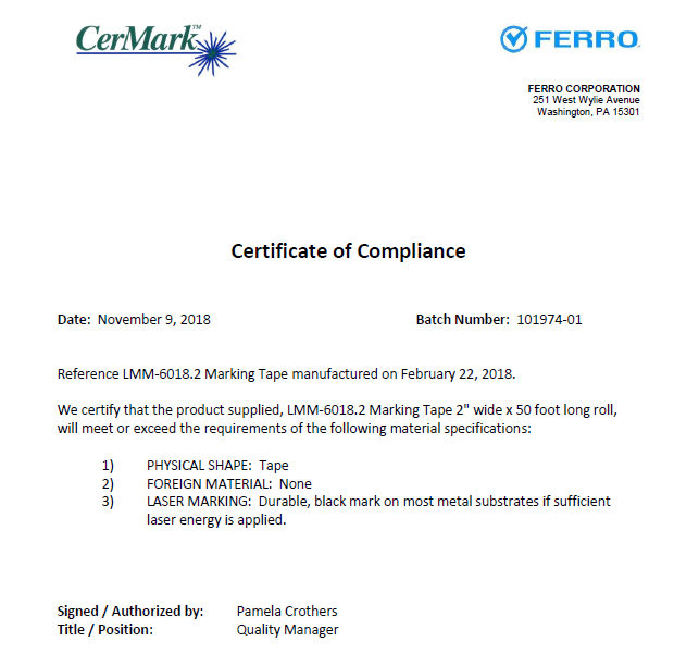 Material Certificate of Compliance – CerMark Sales