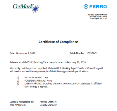Material Certificate of Compliance